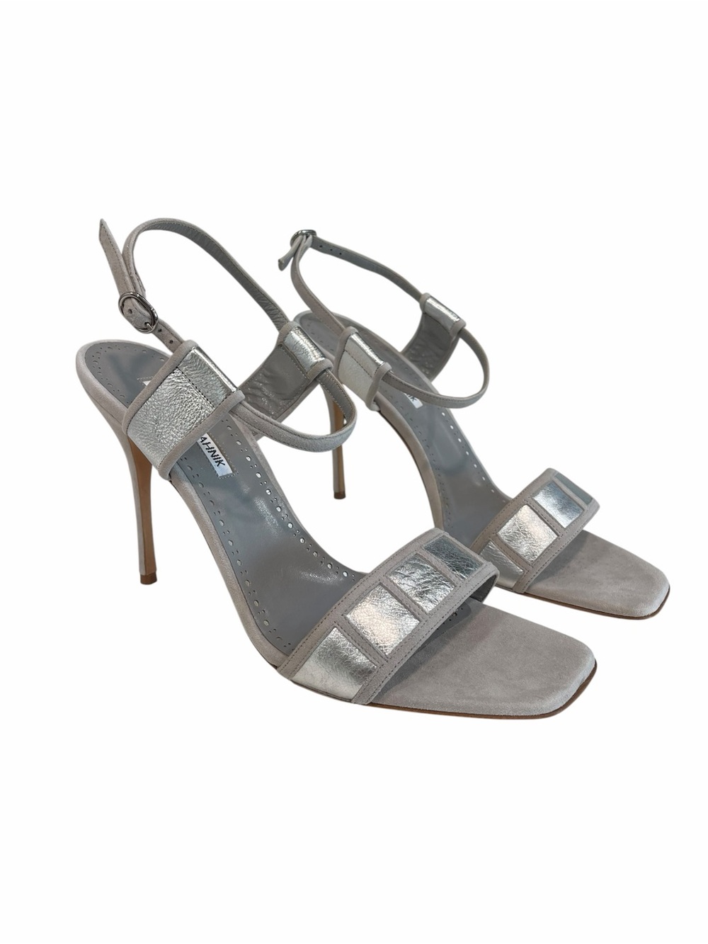 Manolo Blahnik Pitona Metallic Leather Trimmed Suede Heels